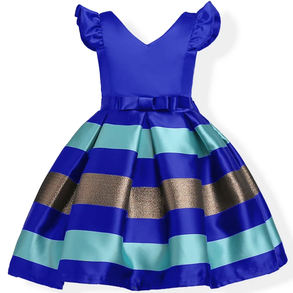 New Girls' Striped Small Flying Sleeve Bow Knot Colored Dress Birthday Party Wedding Flower Boy Sweet and Cute Dress