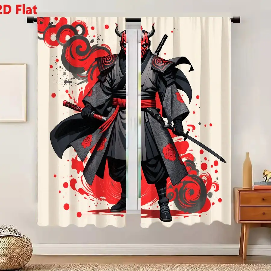2Pcs Curtains 2D Flat Anime Samurai Warrior Demon Figure Red Horned Face Black Red Floral Outfit Swords Bold Swirling Patterns F