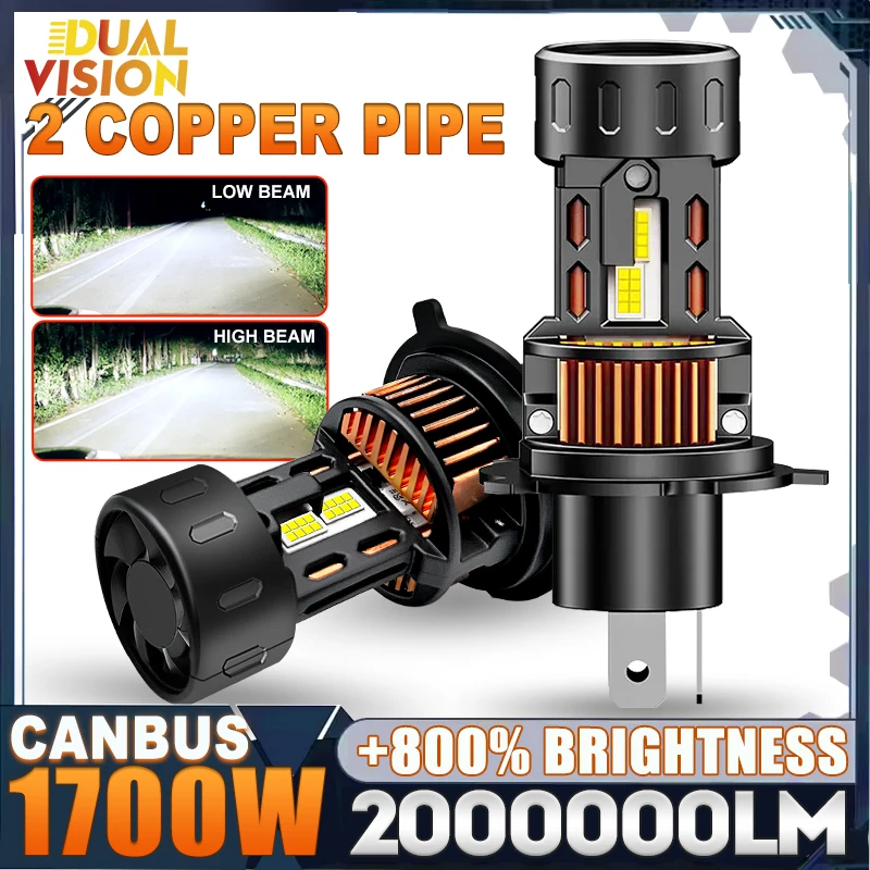 

2 шт. 1700 Вт H4 светодиодные лампы для автомобильных фар CANBUS высокой мощности с двойной медной трубкой, дальний ближний свет, турбо-автоматическая лампа, белые лампы 6000K CSP