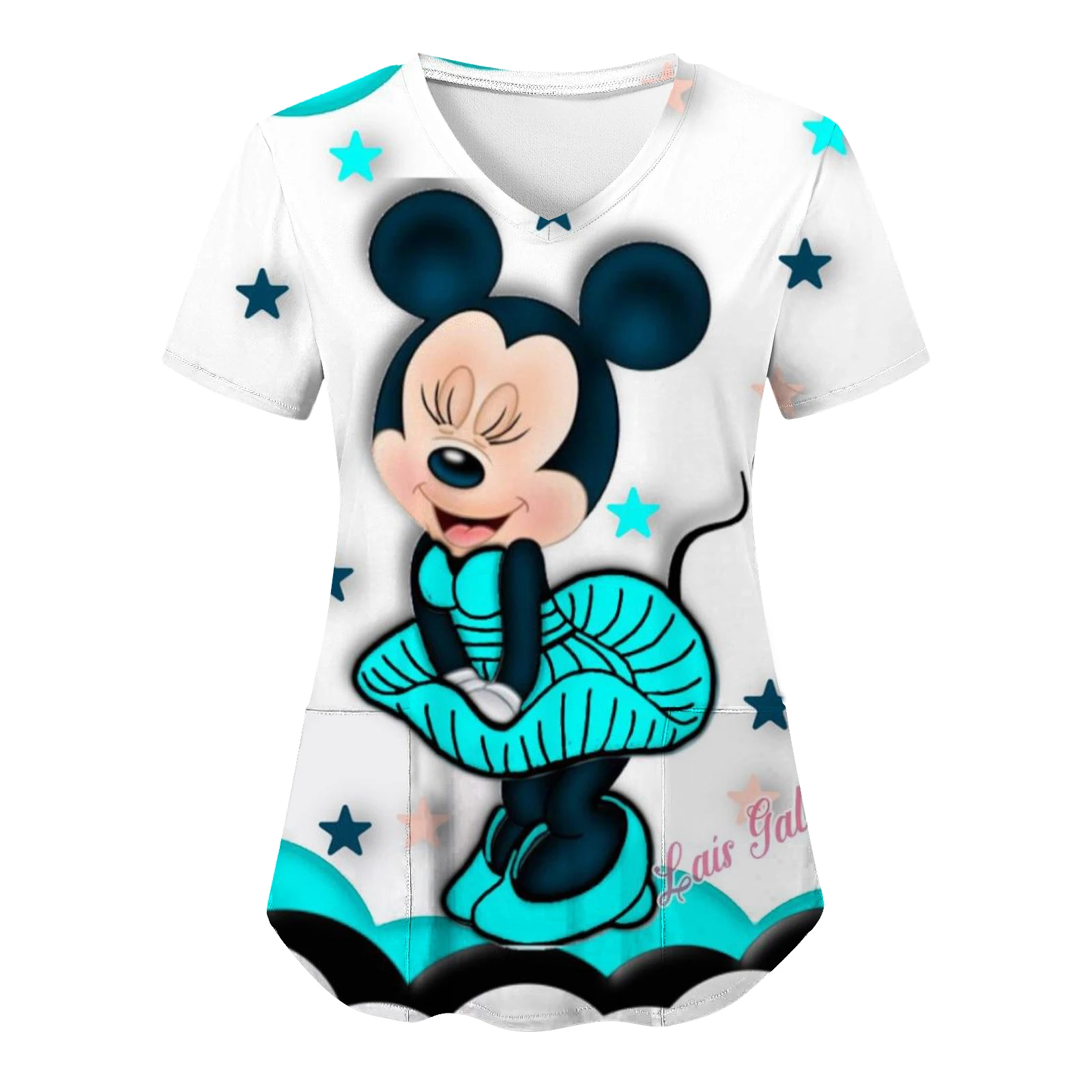 V Neck T-shirts Pocket Tops Nurse Uniform T-shirt Mickey Woman Clothes Disney Minnie Mouse Hospital Top Women 2023 Tees Women's