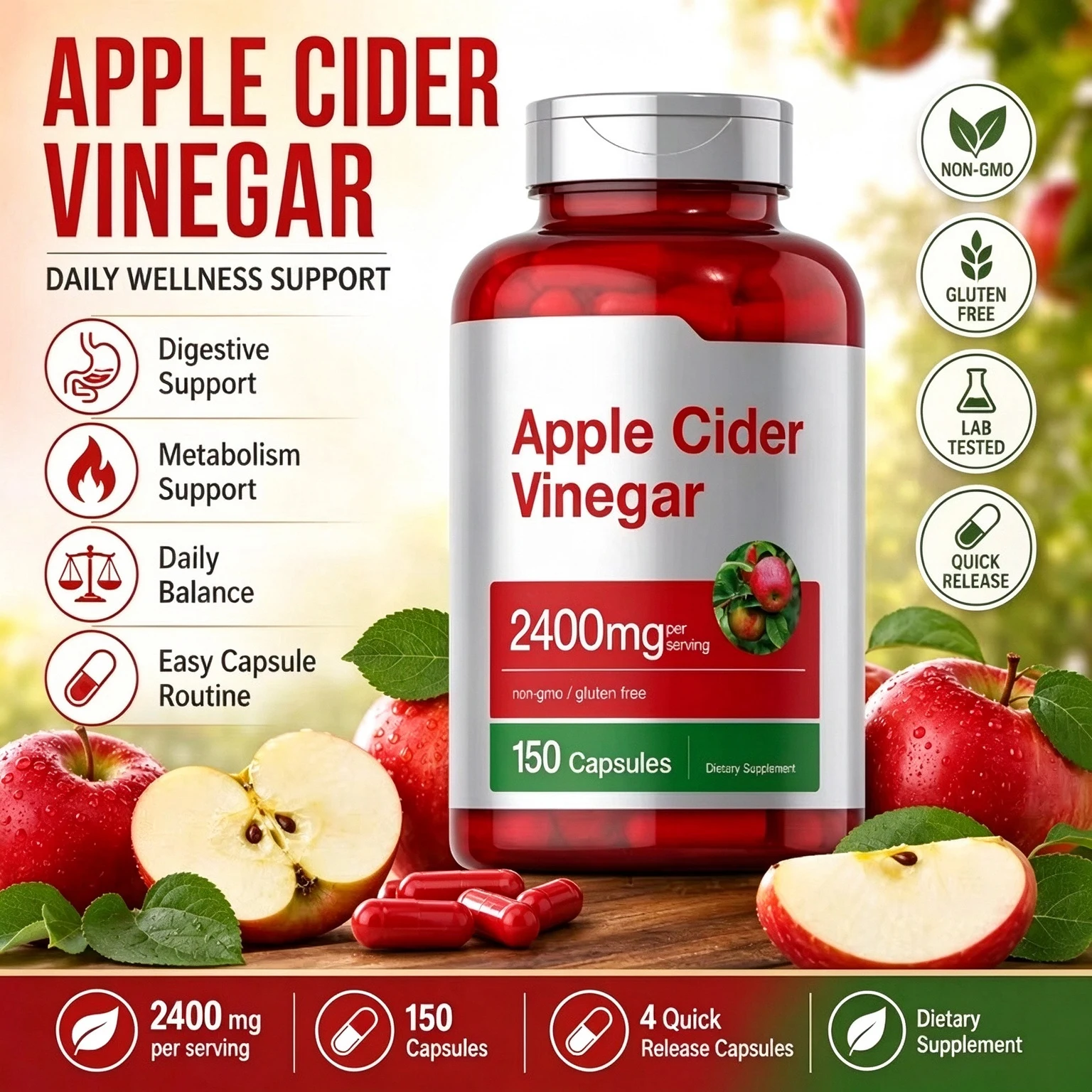 Apple Cider Vinegar Capsules 2400mg Digestive Support Non GMO Gluten Free Release Metabolism Dietary Supplement 150 Capsules