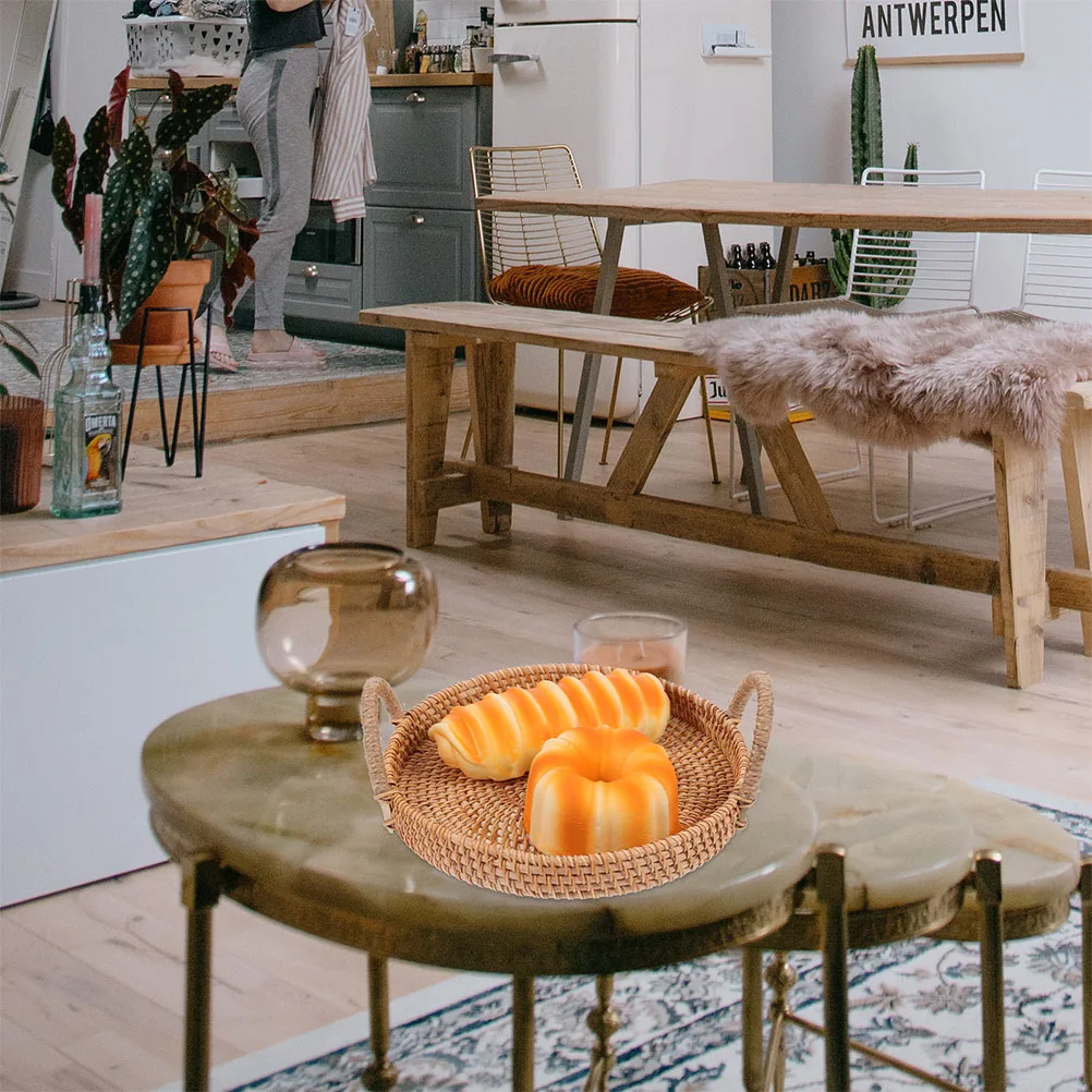 

Round Fruit Basket Storage Tray Kitchen Woven Baskets Autumn Vines Bread Handles Rattan Serving Decorative Container