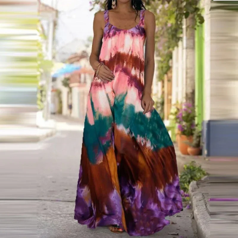 Women\'s Fashionable Flame Printed Sleeveless Dress  Summer Casual Printed Long Dress