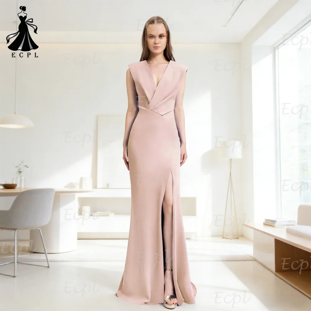 

Ecpl Satin Mermaid Evening Dress Charming Lady Prom Gown Elegant V-Neck Ruched Party Dresses Pink Customized Woman فساتين