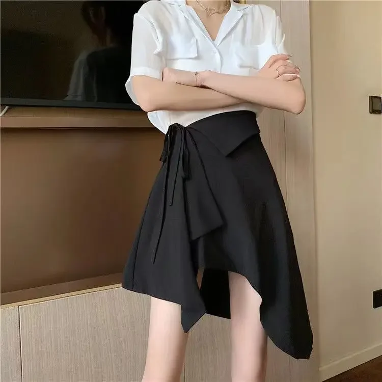 

New Fashionable Hong Kong Style Skirt for Women with Irregular Temperament A-line Skirt Tied High-waisted Short Skirt