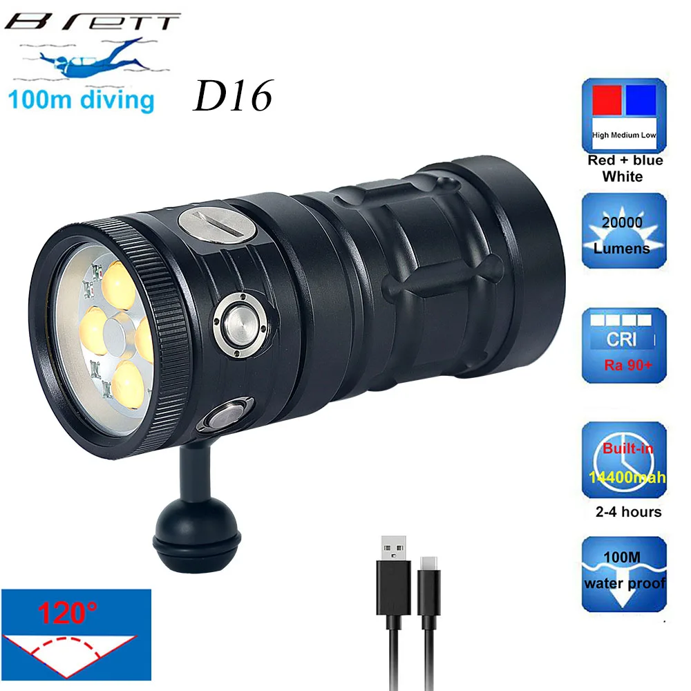 Diving flashlight, D16 20000 LM Scuba diving lighting 100m, 120 Degree wide beam angle, Photography video fill light