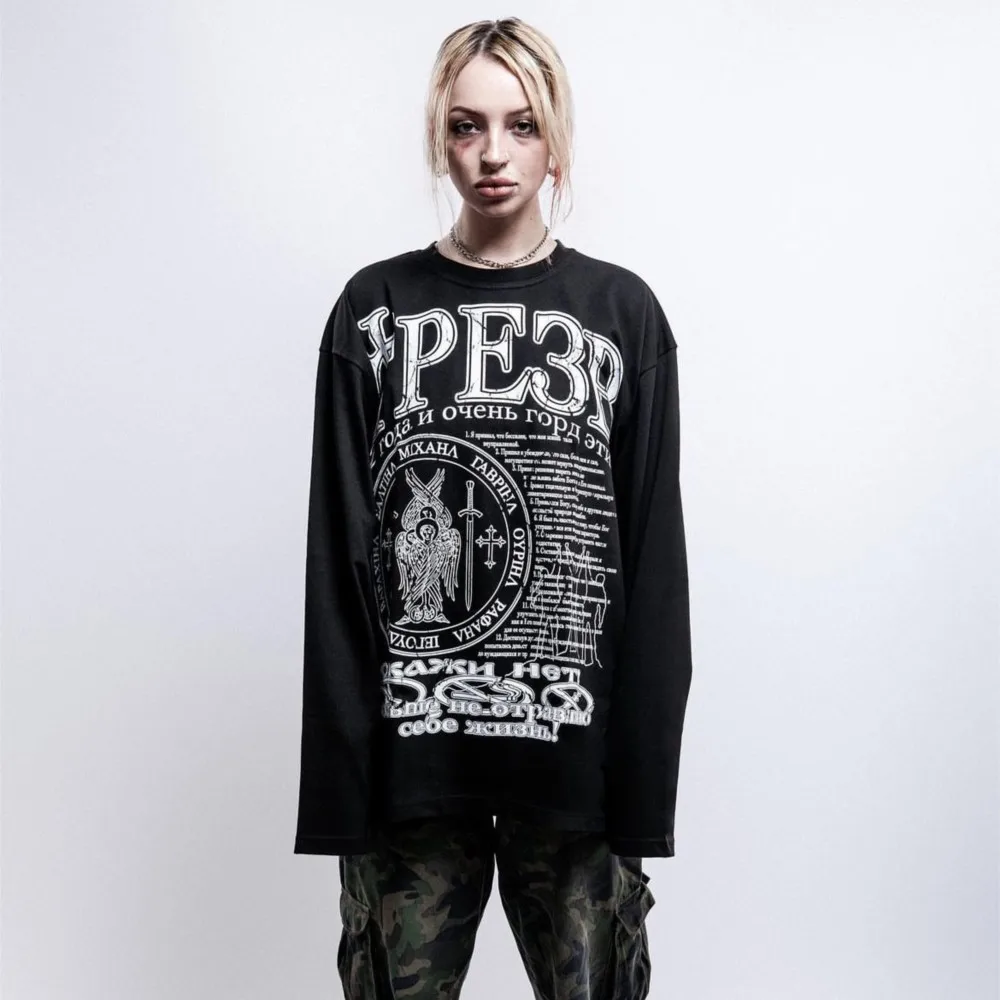 Oversized Men T-Shirt Streetwear Sober Graphic Print Autumn Hip Hop Korean Long Sleeve Y2k Tops Tees Cotton Unisex Clothing Goth