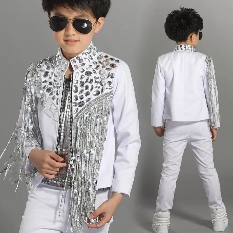 Silver Sequined Tasseled Jazz Dancing Clothes, Stage Show Wear, Hip Hop Traje, Casaco Branco, Cantor, Meninos, Crianças