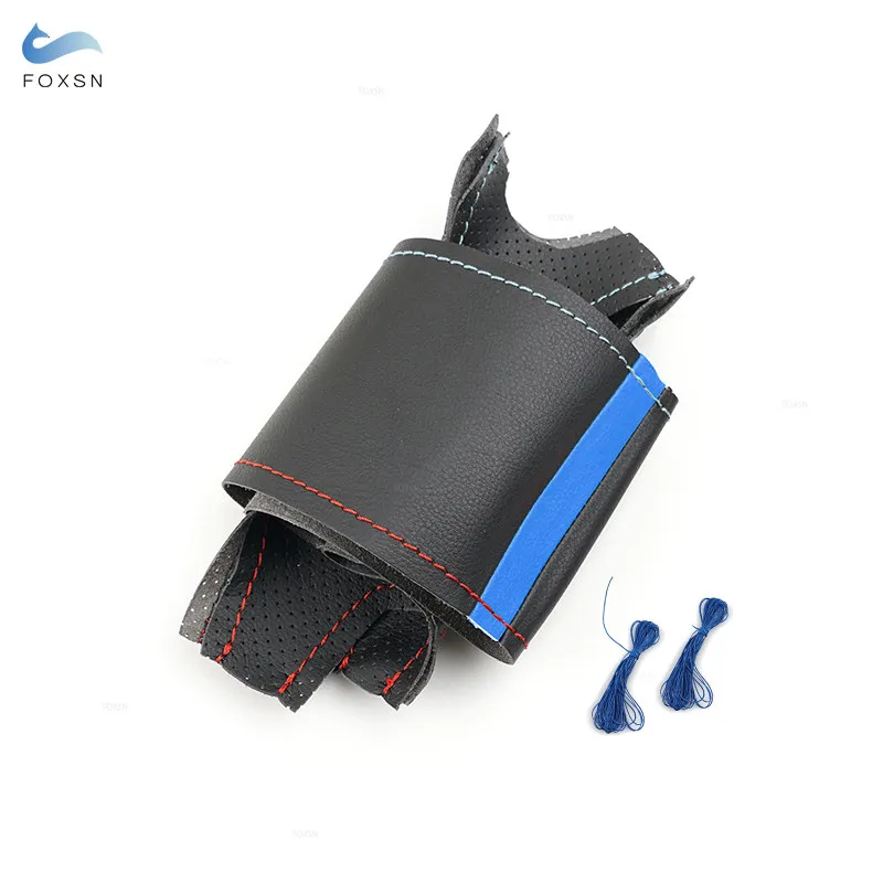 Car Hand Sewing Steering Wheel Leather Cover Fabric Red Blue Line Blue Strip For BMW E90 320i 325i 330i 335i E87 120i 130i 120d