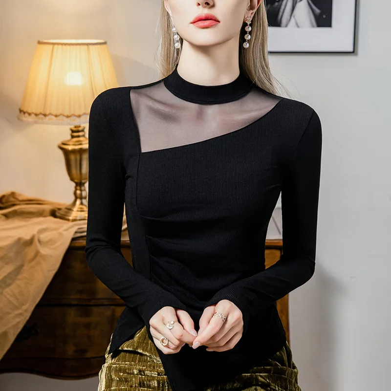 Boweylun Mezza dolcevita Maglia con giunture sul fondo Camicia da donna Primavera e autunno T-shirt a maniche lunghe filettata sottile Donna