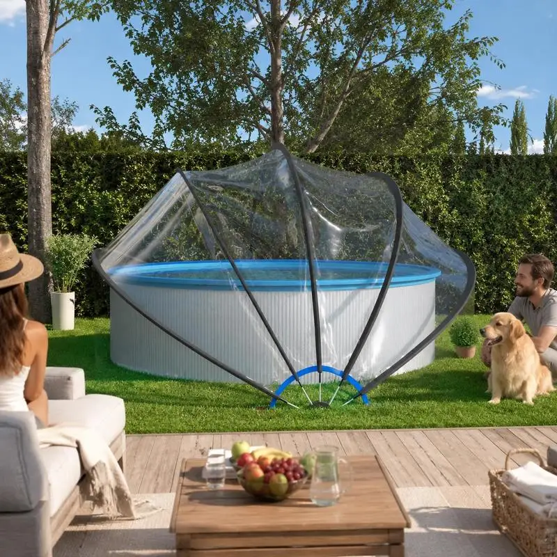 Dôme rond transparent 376×188 cm PVC UPF30 armature fibre de verre, adapté pour piscine hors-sol/encastrée. Effet serre pour réchauffer l'eau, protège des débris, charnière modulable, piquets d'ancrage inclus pour résister au vent.