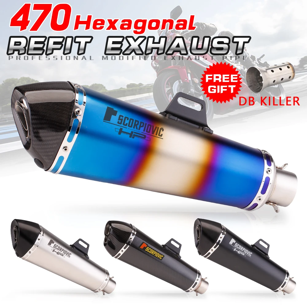 Universal Motorcycle Exhaust Pipe, aço inoxidável, silenciador de fibra de carbono, apto para YBR125, YZF600, Z750, CBR1000, Tma