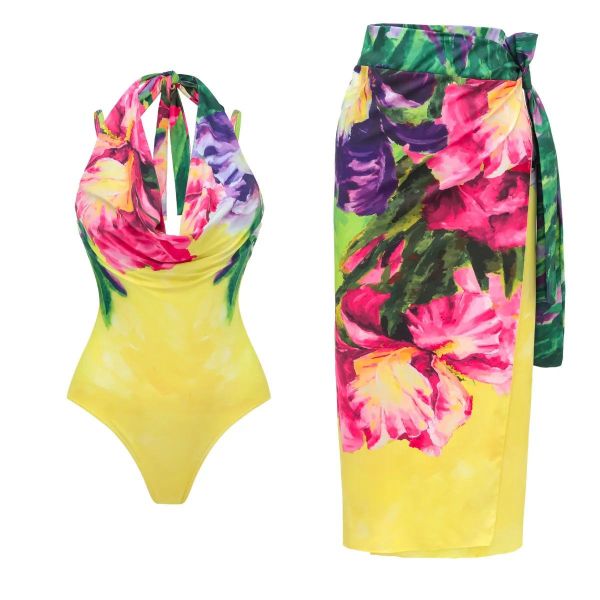 One Piece Swimsuit For Women European And American Swimwear Bright Yellow Printed Vacation One-piece Swimsuit Suit For Women