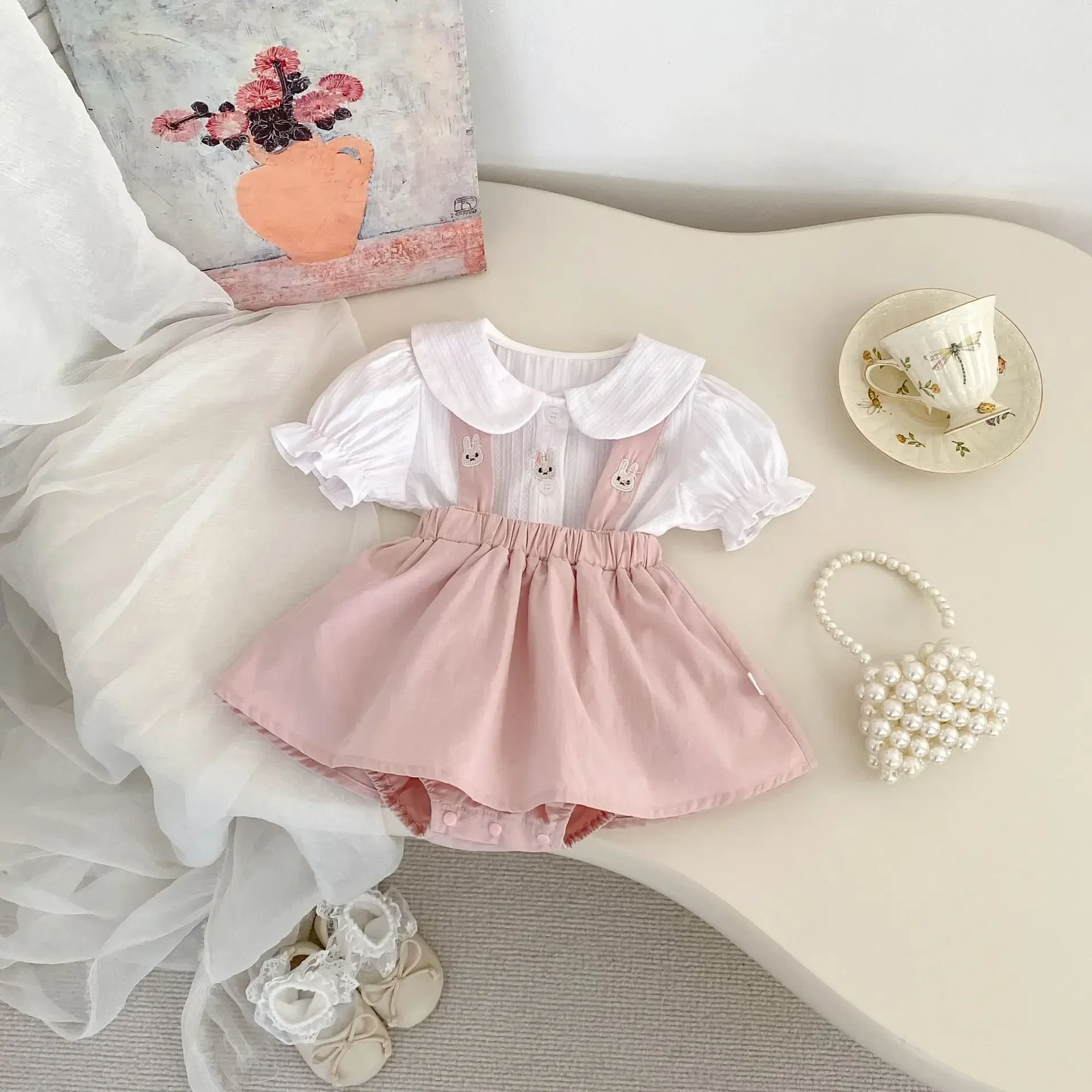 Ins Summer Baby Girl Set New Baby Cute Rabbit Embroidered Short Sleeve Shirt+Strap Skirt Pants Two Piece Set