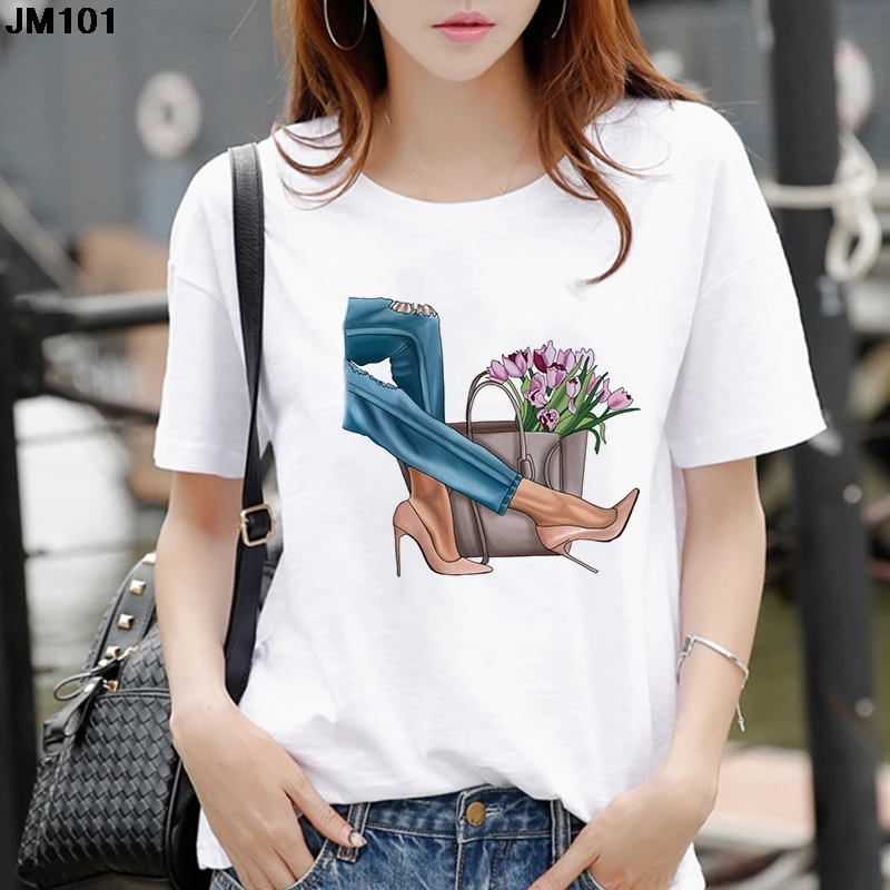 New Women's White Tshirt Fashion Ladies Bag Printing Short Sleeve T shirt Harajuku Streetwear Soft Tops Woman T-shirt Clothing