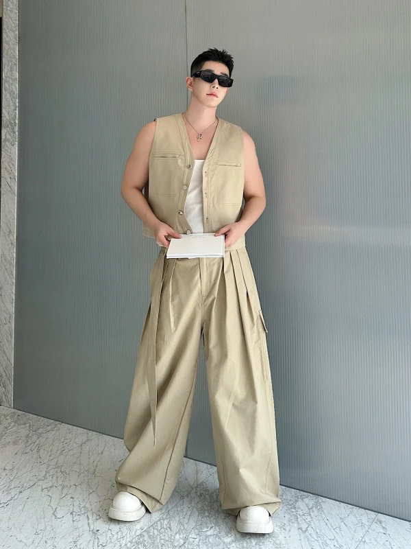 

Свободный комплект жилета и брюк для мужчин, спецодежда для ночного клуба, широкие брюки, комплект из двух предметов, модная повседневная одежда