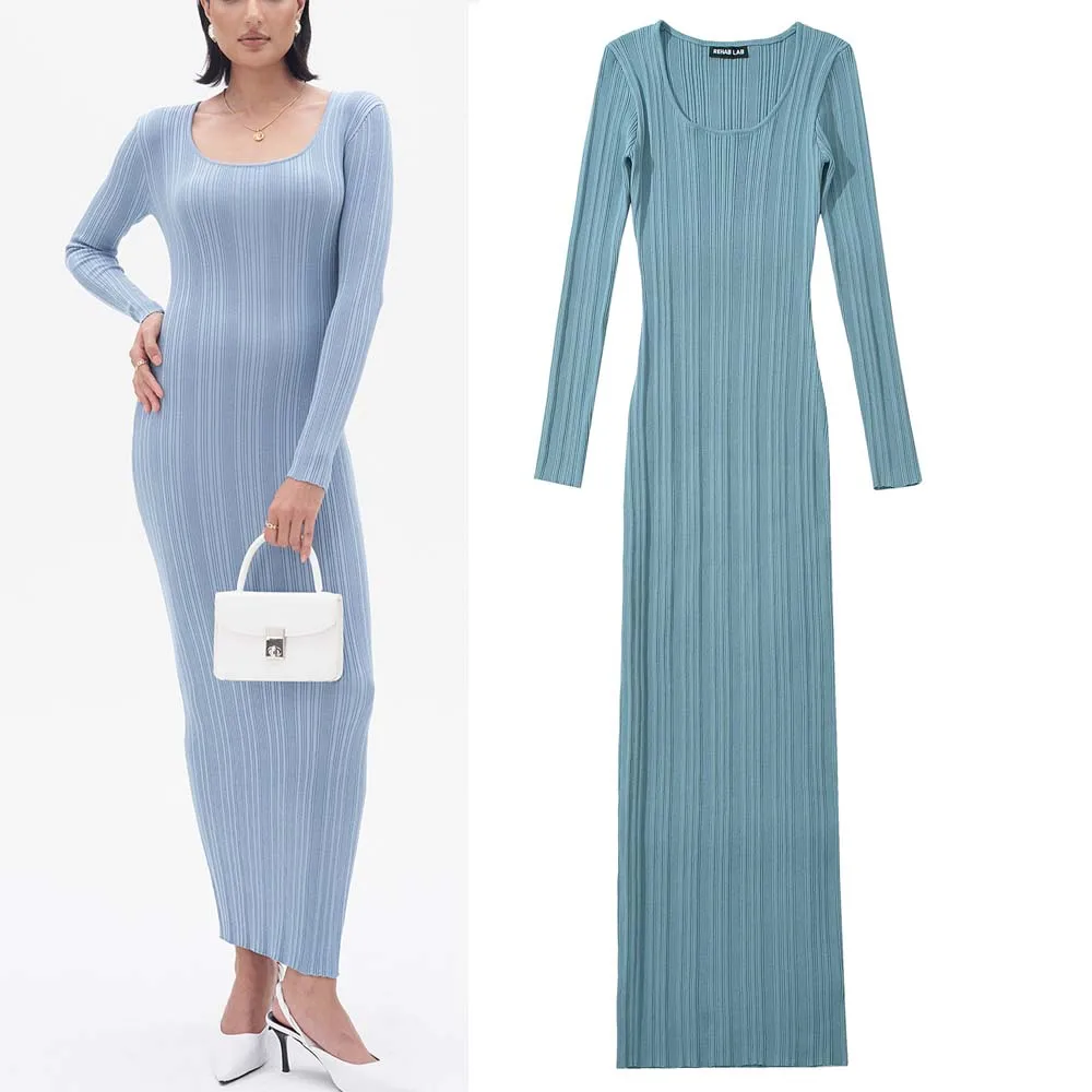 

Women's Versatile H2696 Faion Sexy Large round Ne Knitted Casual Dr Polyester Fiber Long Sve Slim Fit Fairy Skirt
