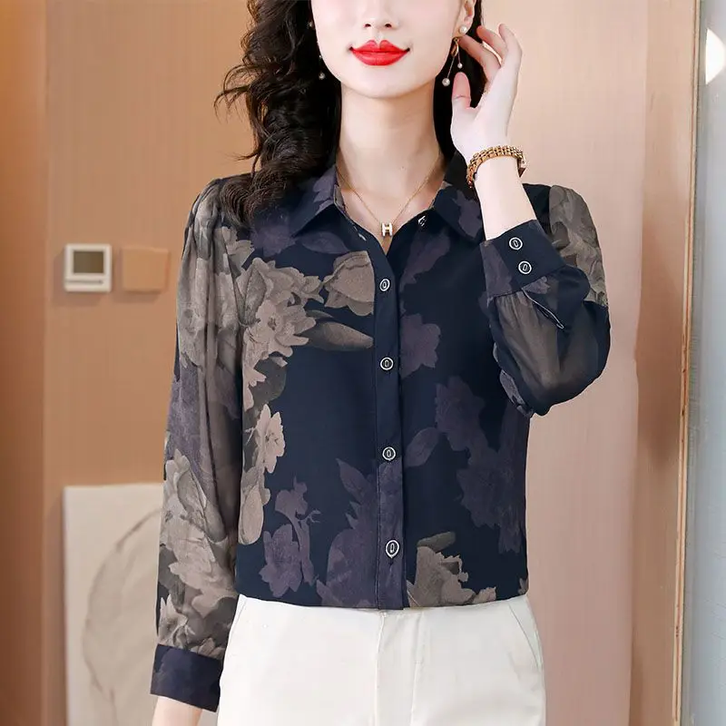 Korean fashion Summer POLO collar Women\'s Printing Single breasted Simplicity office lady  Loose short Sleeve Chiffon shirt Tops