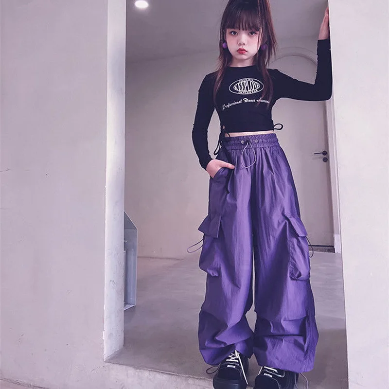 Girls' High Waist Straight Trousers Kids Fashion Hip Hop Joggers Cargo Pants Children Cool Spring Autumn Drawstring Sweatpants