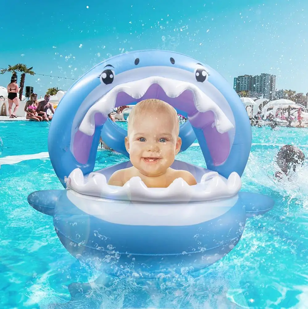 

Summer water fun inflatable shark baby float with Canopy baby Pool swimming ring with sunshade