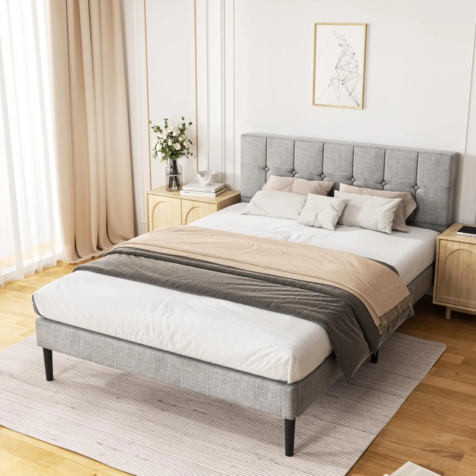 

US Queen Size Platform Bed Frame with Upholstered Headboard, Modern Bed with Wooden Slat, No Box Spring Needed, Easy