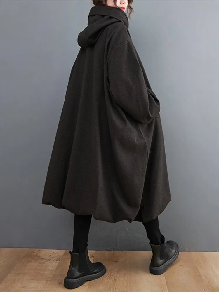 Oversized Winter Hooded Midi Trench Coat Women Ruffle Pleated Fashion Loose Ladies Windbreak Long Sleeve Woman Trench Coats 2023