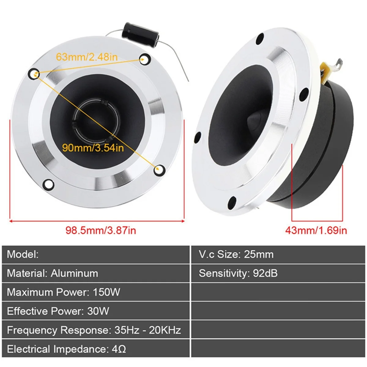 QA88X Tweeter Speaker, 4 Ohm 150W, Professional Treble Horn for Car Audio Modification