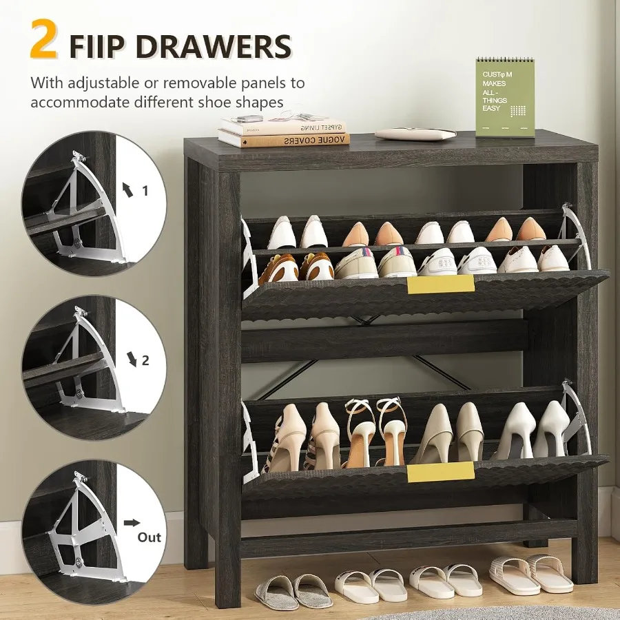 خزانة الأحذية لتخزين خزانة الأحذية المخفية للمدخل مع درجين قابلين للطي رف الأحذية المخفي طويل القامة منظم الأحذية قائم بذاته #4