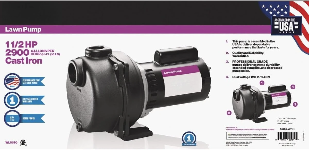 

WLS150 1.5 HP High Volume Cast Iron Lawn Sprinkling Pump, 1-1/2-Horsepower
