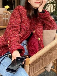 CJFHJE-Tassel terno vermelho Tweed para mulheres, casaco curto casual, tops de botão vintage, blazers de manga comprida com o pescoço, jaquetas de inverno femininas