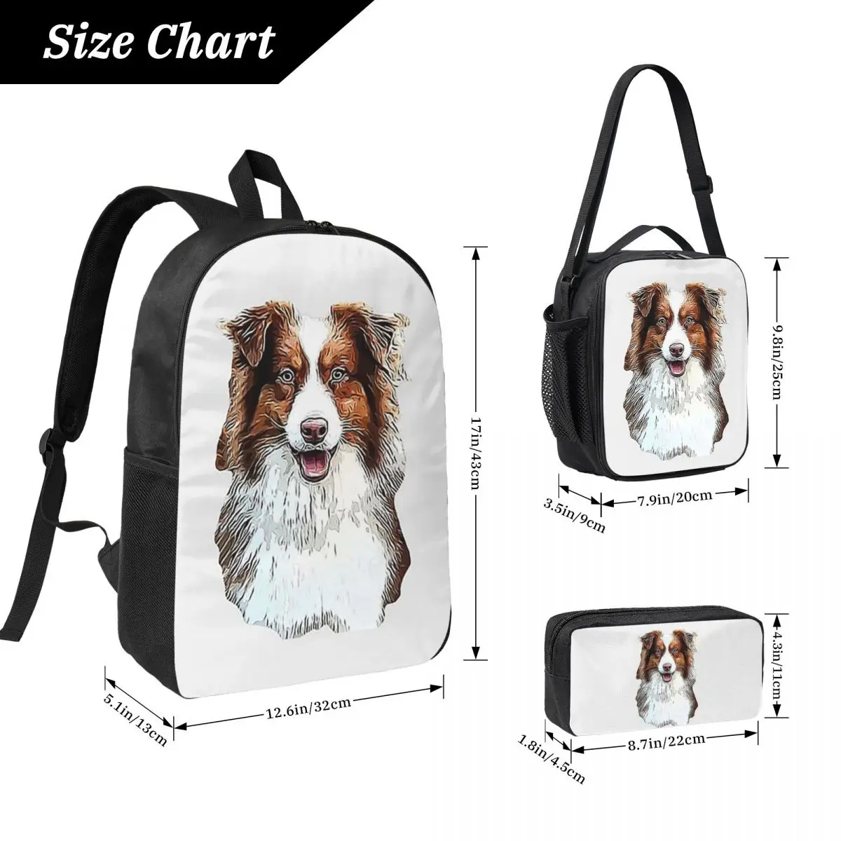 Australian Shepherd Red Tricolor Lovers Backpack BookBag School Bag Laptop Shoulder Bags 3ps Insulated Lunch Bag Pencil Case