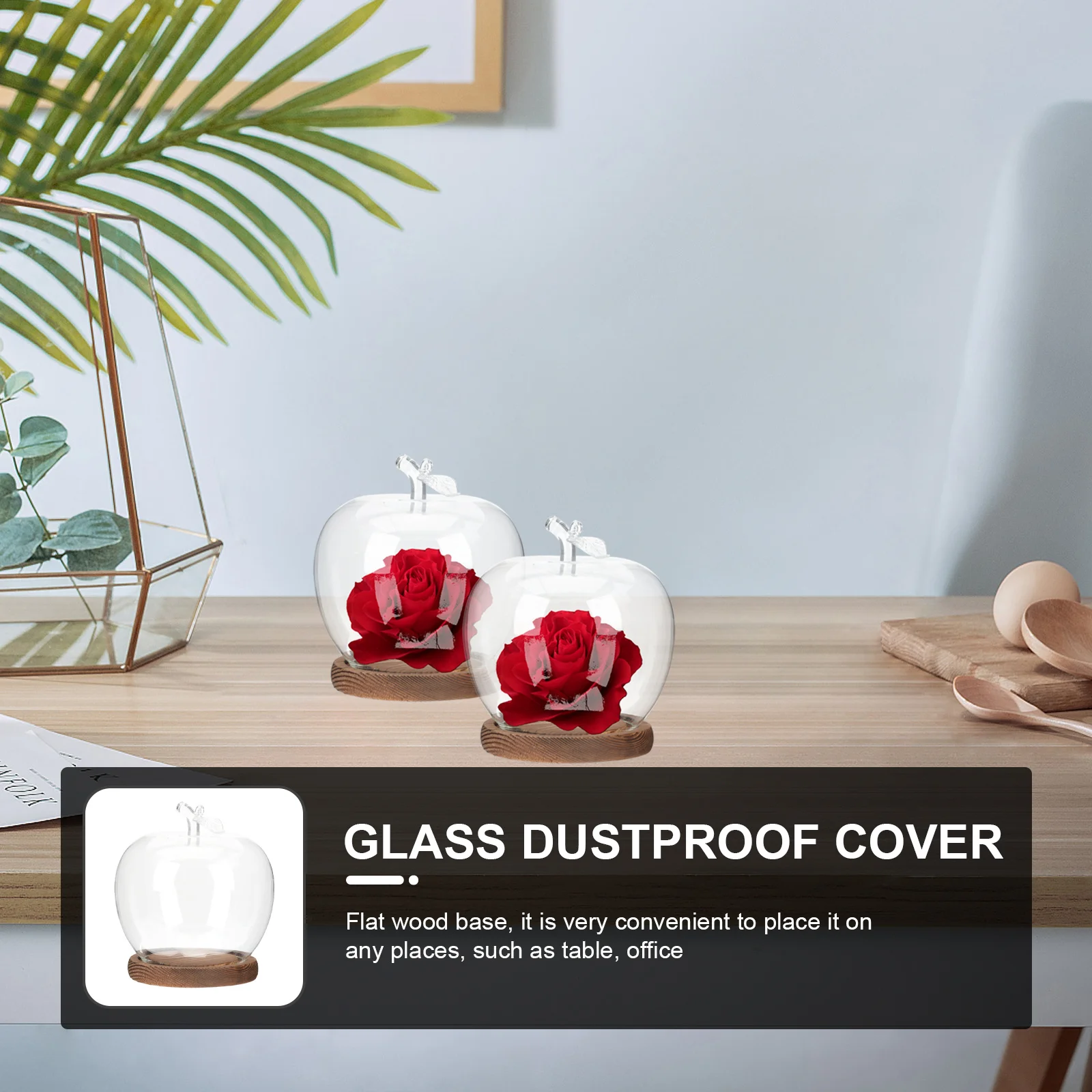 

Apple Glass Dome Wood Base Clear Premium Glass Cover For Flower Craft Desktop Decor Creative Dustproof Display Hood