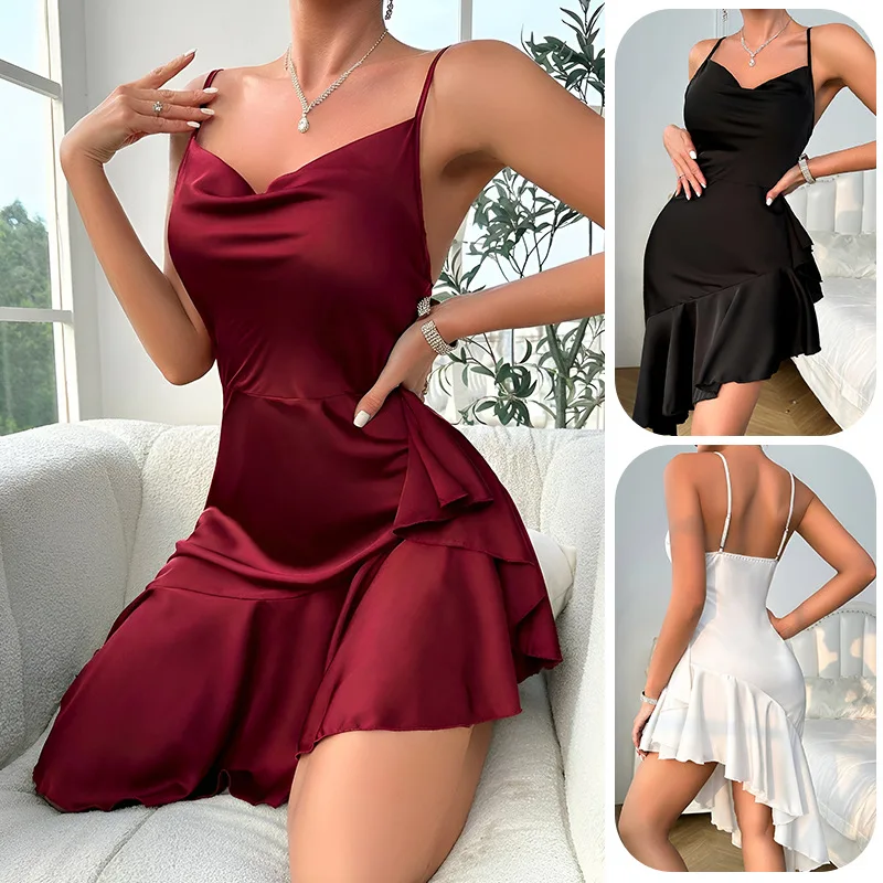 

Women's sexy satin polka neck nightgown with camisole and irregular ruffle edge short skirt for women