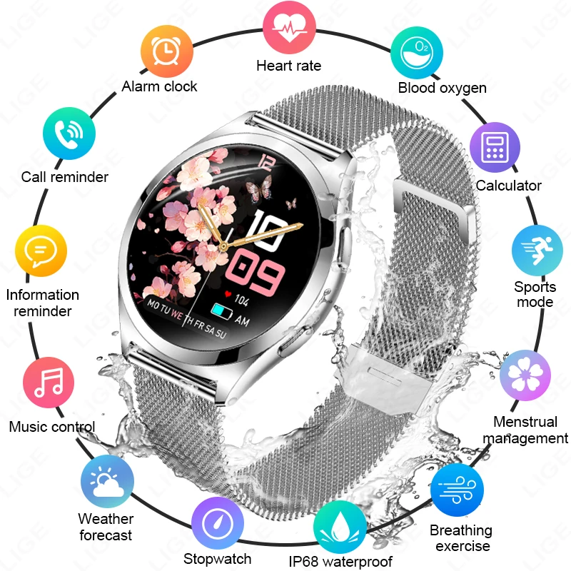 

Роскошные умные часы LIGE для женщин, 1,27 дюйма, Bluetooth, с возможностью вызова, настраиваемый циферблат, женский браслет, спортивный монитор здоровья, умные часы, подарок для женщин