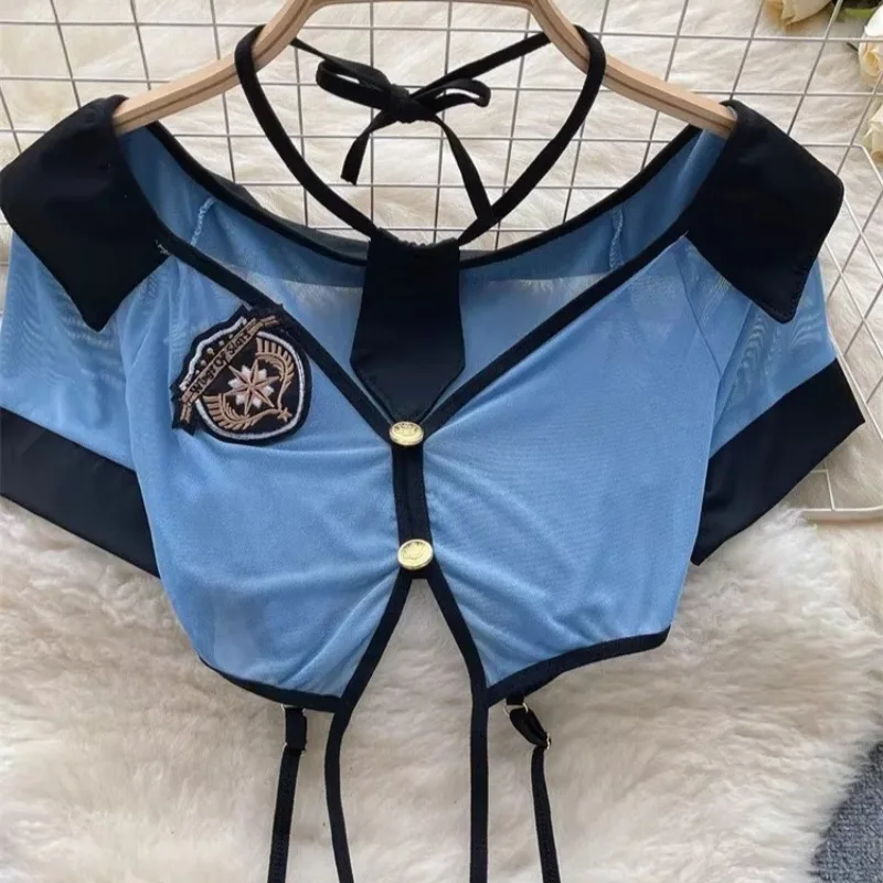 Tornova Preppy สไตล์ชุดเซ็กซี่ชุดผู้หญิง 2024 V คอ SHEER TOP + Lace Up กระโปรงมินิ + Thongs Hollow OUT คอสเพลย์โป๊ชุด