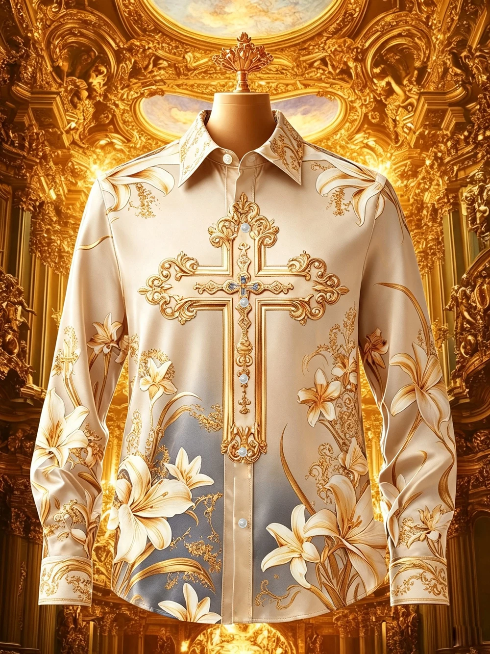 2026 Men's New Arrival Light Luxury Soft Lightweight Long Sleeve Shirt European Cross Pattern 3D Printed Shirt Festival Party