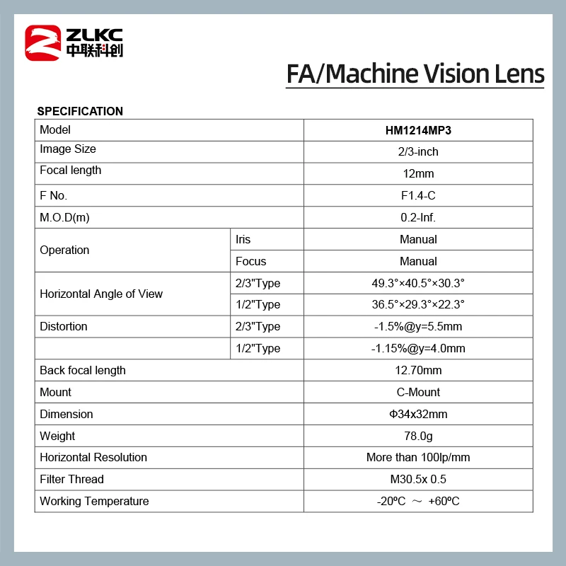 ZLKC 12-36mm Varifocal Lens 3.0Megapixel C Mount Zoom 2/3 Inch FA Machine Vision CCTV F1.4 Manual Iris Lenses 3MP Low Distortion