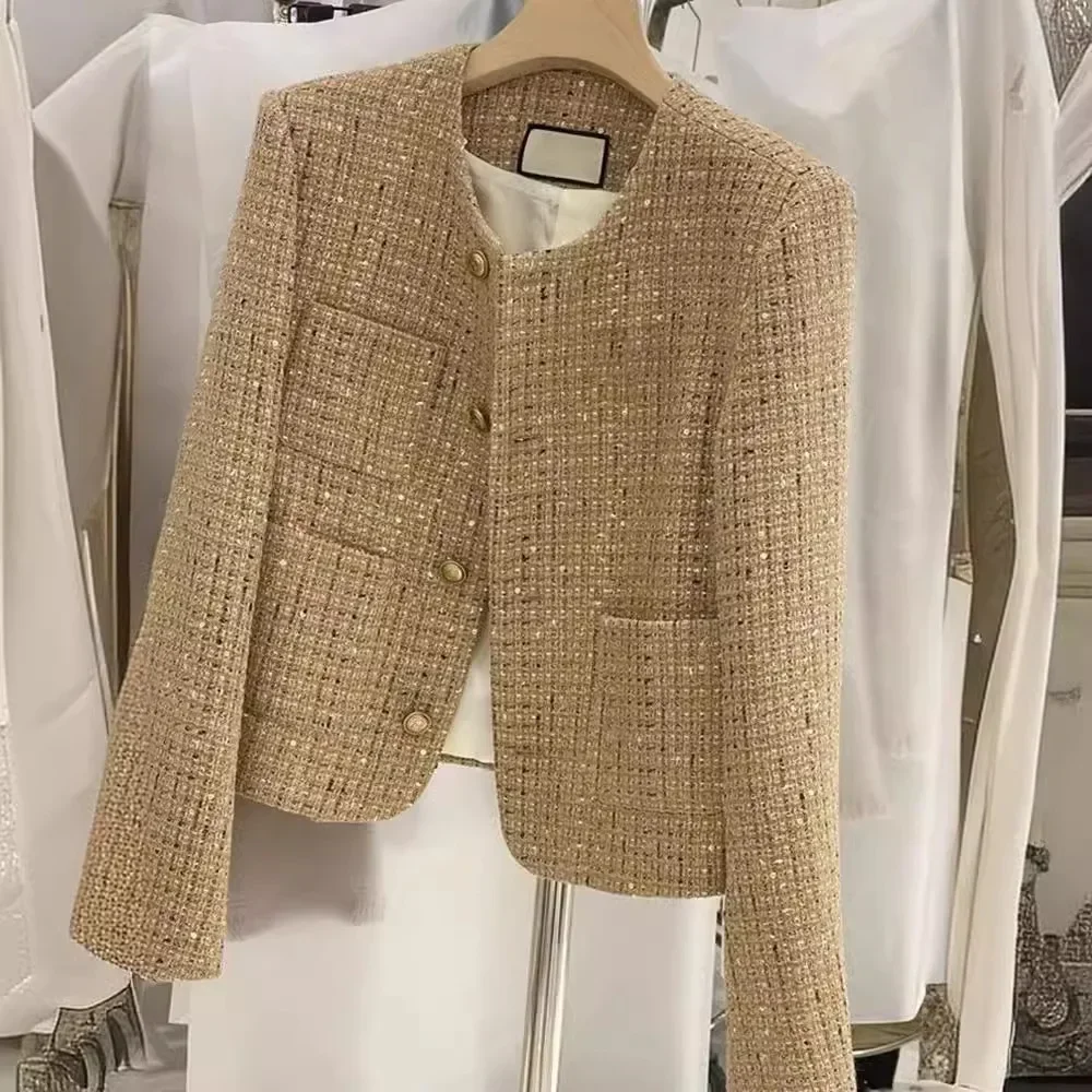 2025 Autunno elegante giacche corte per le donne O collo cappotto corto femminile solido coreano dorato francese tweed lana giacche da donna