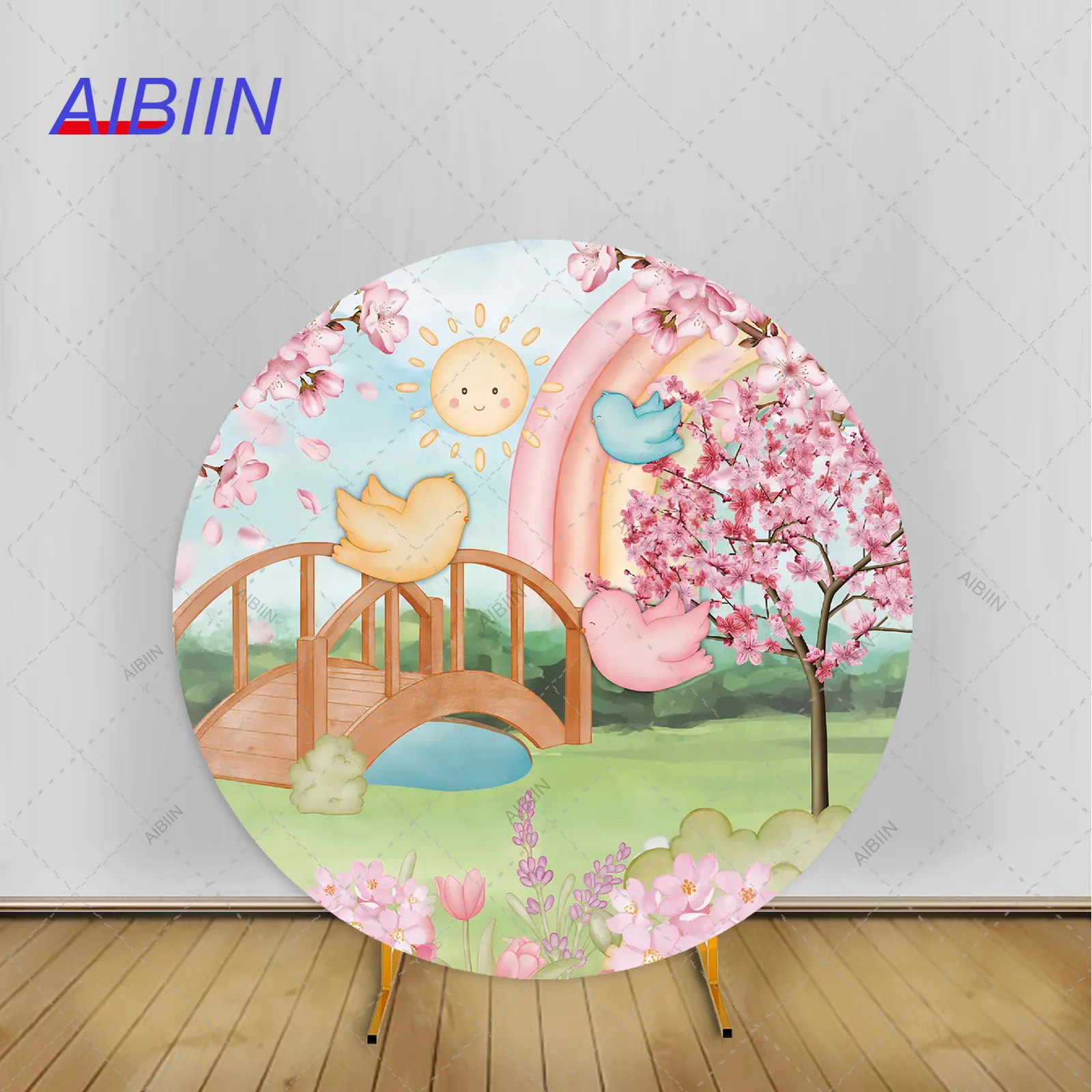 

Garden Baby Birthday Round Backdrop Cover Watercolor Floral Birds Rainbow Tree Boy Girl Baby Shower Party Decor Background