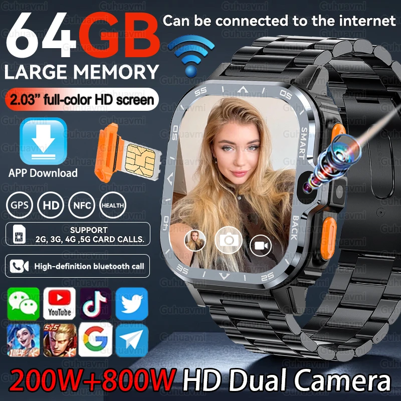 

64GB Large Memory APP Download Smart Watch Men 200W+800W HD Dual Camera Video Call 4G/5G SIM Card Wifi Global Version Smartwatch
