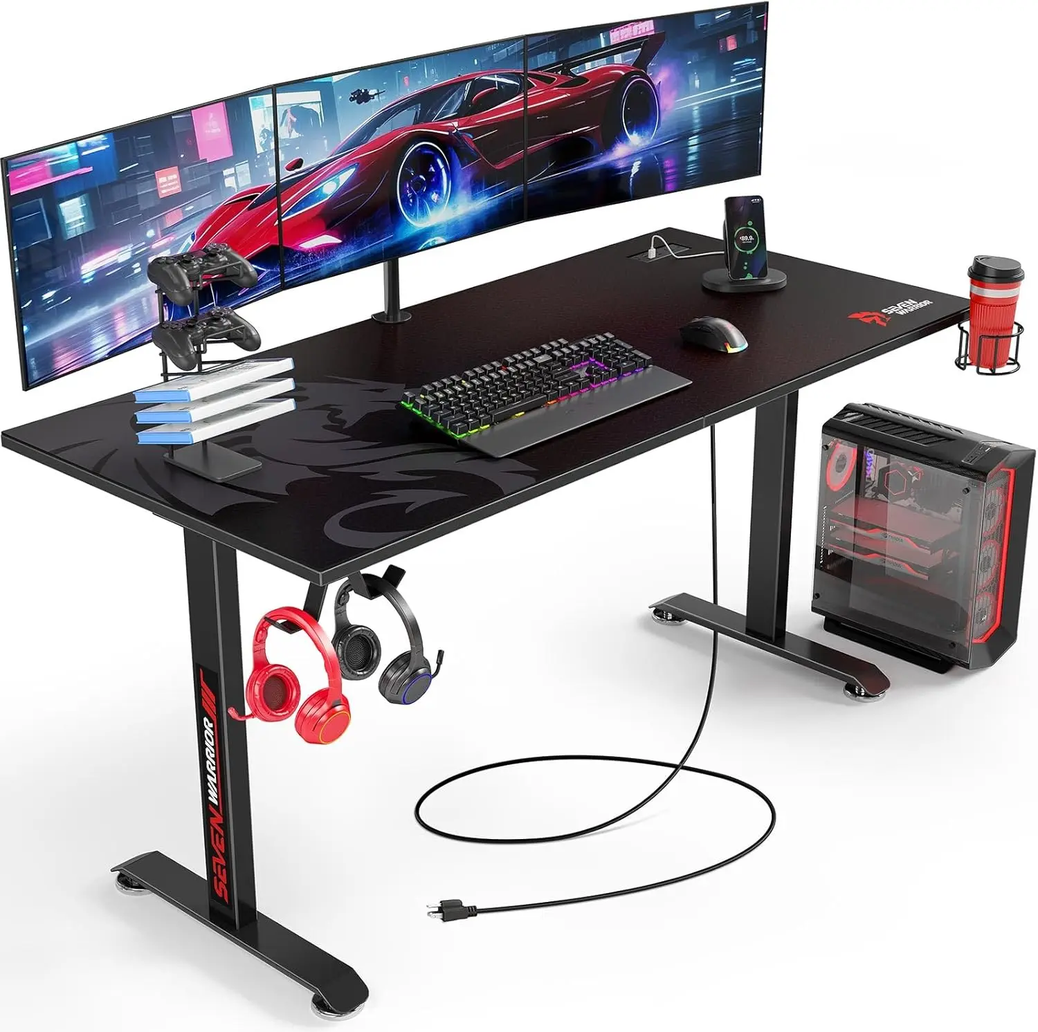 60 INCH Gaming Desk, T-Shaped Carbon Fiber, Full Mouse Pad, Ergonomic E-Sport Style, Headphone Hook, USB Rack, Cup Holder
