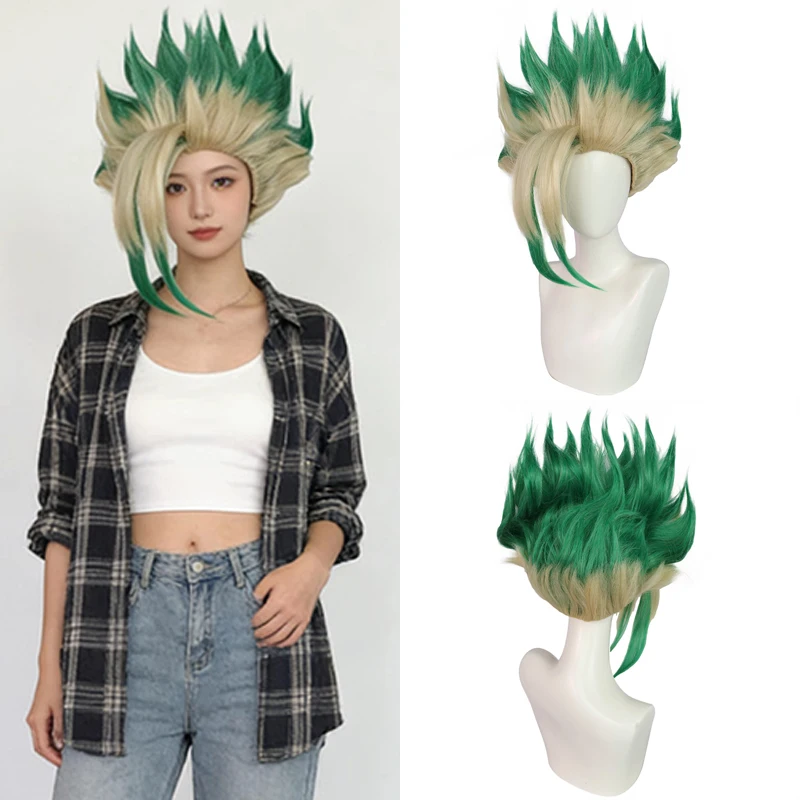 Dr.STONE Senku Ishigami/Dr. Xeno Cosplay Wig Gradient Green Spiky Heat Resistant Synthetic Hair Unisex for Halloween Daily Party