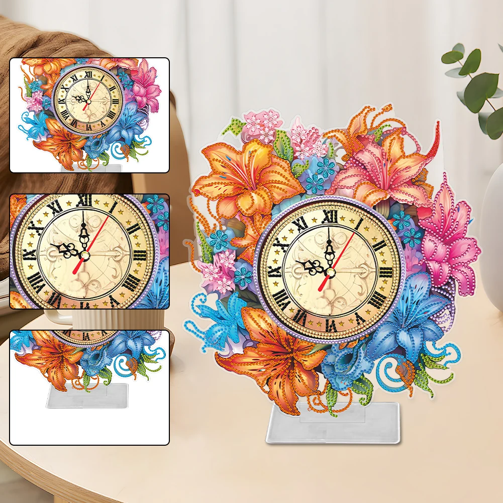 

Lily Design 2D Flat Acrylic 5D Diamond Art Clock Diamond Painting Clock Tabletop Decor for Home Office Kitchen Dining Room