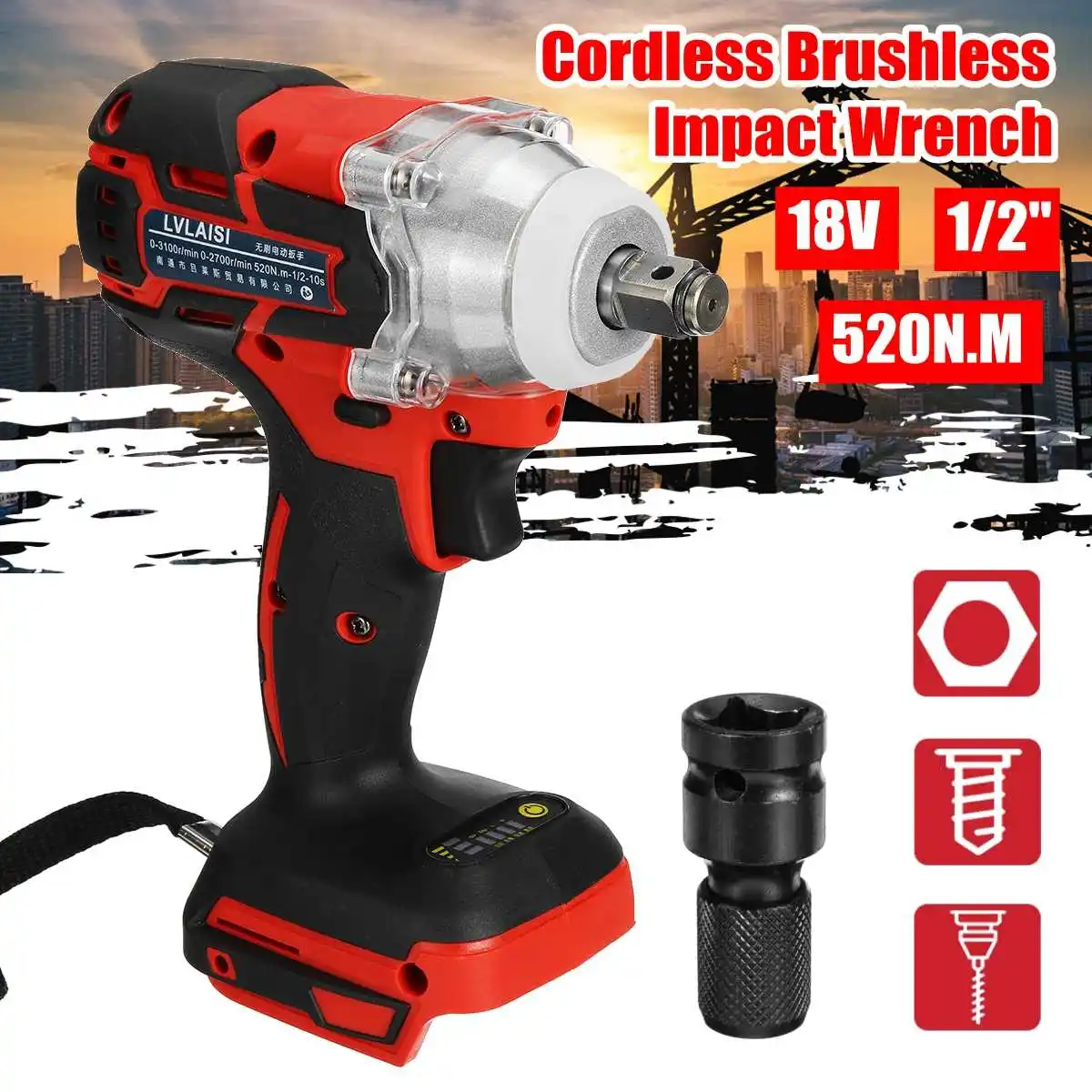 

18V 520N.m. Li-Ion Cordless Impact Wrench Driver 1/2 Electric Wrench Replacement for Makita Battery DTW285Z
