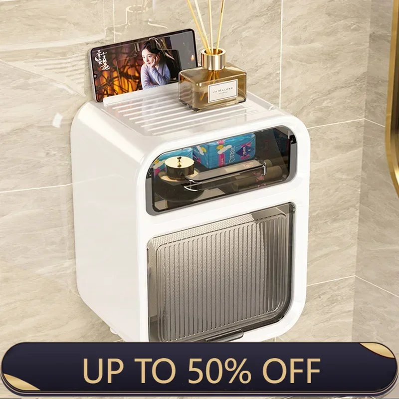 Toilet Tissue Box, Wall Mounted Roll Paper Tube, Paper Drawer, Storage, Bathroom Double Layer Storage Rack Toilet Roll Holder