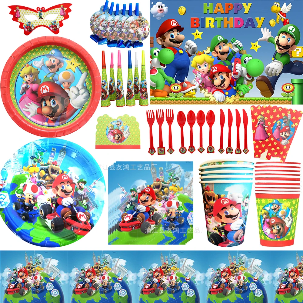 

The Movie Cartoon Super M&Marioed Happy Birthday Party Decor Disposable Tableware Paper Plates Straw Kids Boys Game Photo Banner