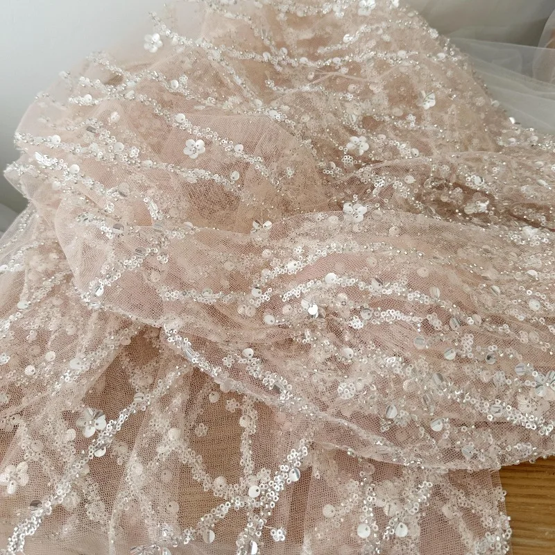 Multicolor 3D Beaded Sequin Lace Fabric for High-End Wedding Dress Vertical Stripe Trim