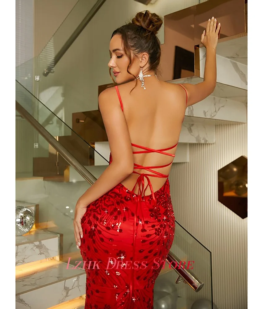 Vestido de noche de cristal con lentejuelas y tirantes finos de sirena de Organza con temperamento personalizado, vestidos de fiesta sexys sin mangas con forma de corazón