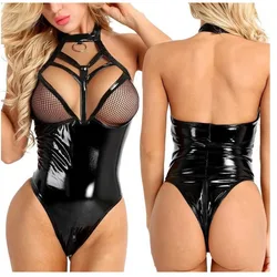 Vestito Sexy in pelle laccata Set erotico di un pezzo Tie Line abbigliamento di bellezza Lingerie Costume Sexy Sexy