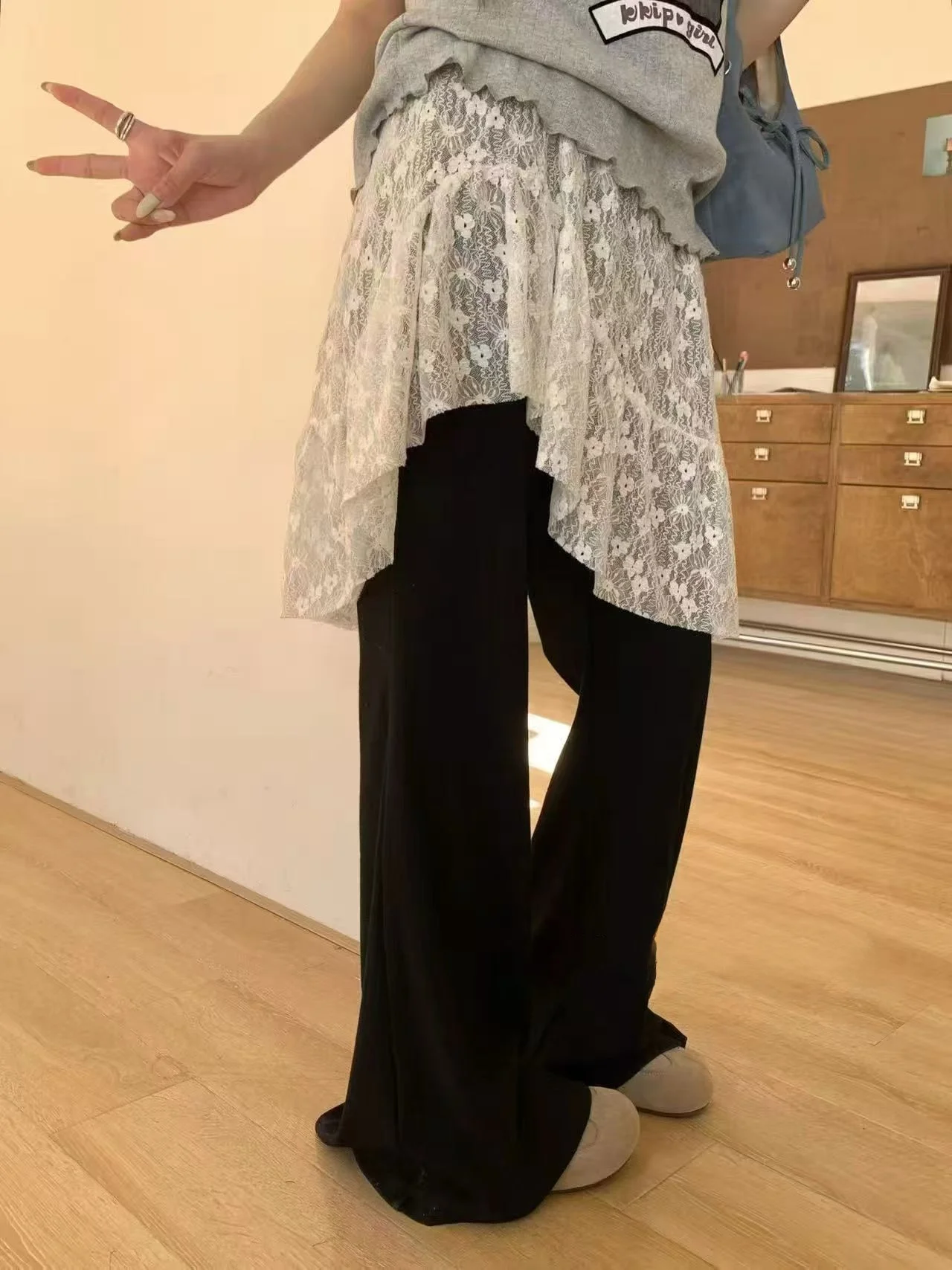 

Lace Butt Curtain Fake Two-Piece Micro Flared Pants for plus Size Women Spring New Style Casual High Waist Bell Bottoms